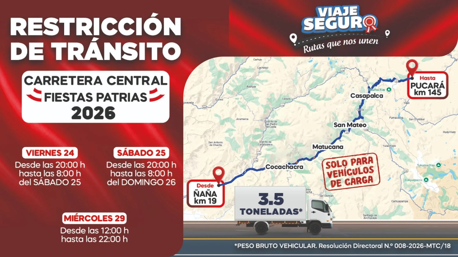 Carretera Central: restringen camiones desde el 24 de julio