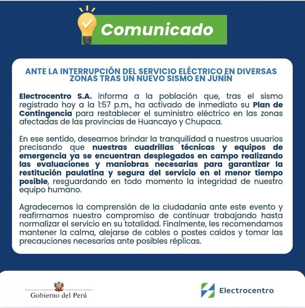 Sismo deja cortes de luz en Huancayo y Chupaca