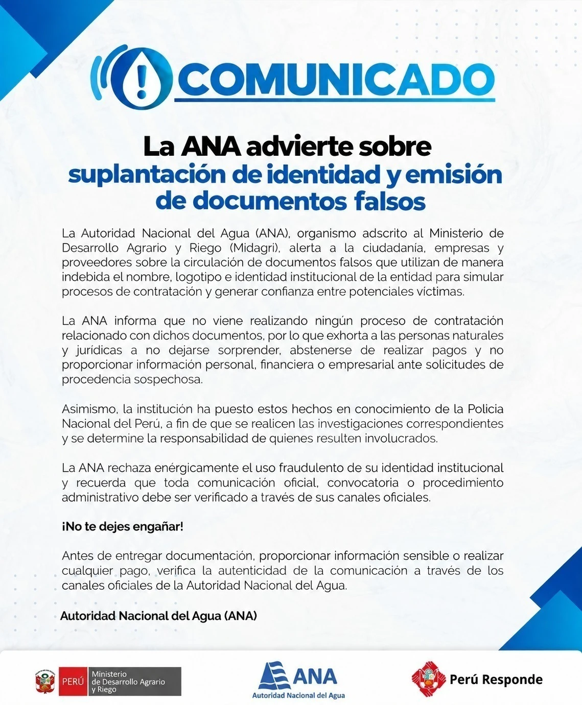 ANA alerta por documentos falsos y suplantación